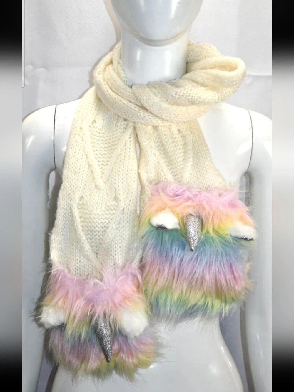 Kids Rainbow Faux-Fur Unicorn Hand Warmer Scarf And Fingerless Gloves